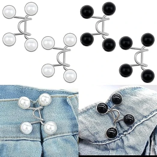 Adjustable Waist Buckle for Loose Jeans Pants, Pearl Detachable Instant Jeans Button Pins Waist Tightener Set, Make The Waist Fit for Skirt Pants Robe, No Sewing Required (Black)