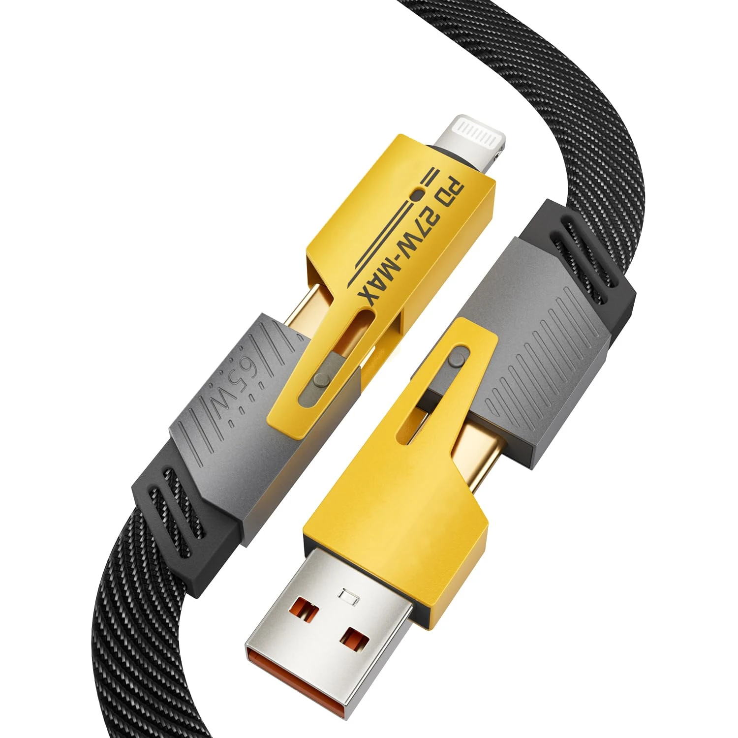 4-in-1 Metal Flat Braided Indestructible Smartphone Usb Cable (1.5m, 60W) Ultimate All-in-One Charging Solution, Black