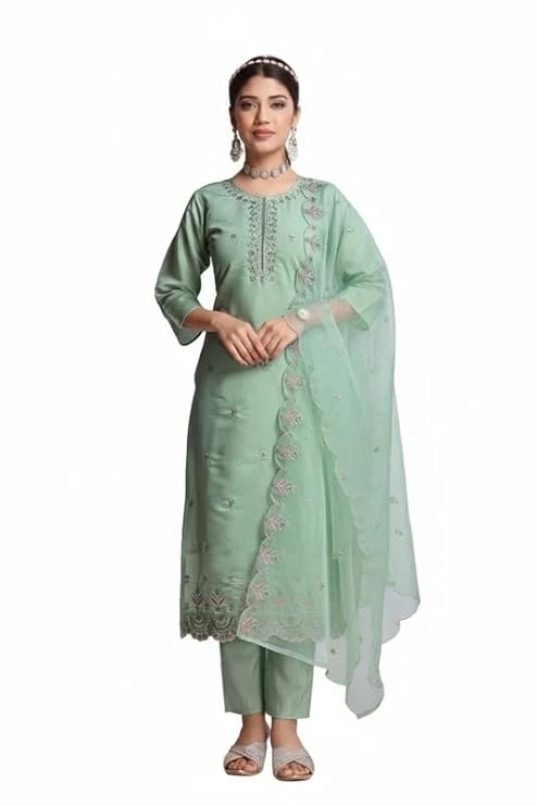 Pick Cell Women’s Roman Silk Embroidered Kurti Set | 3-Piece Suit with Dupatta | Straight-Fit Kurta and Tailored Pants | Soft and Comfortable Ethnic Wear for Casual and Festive Use