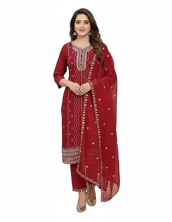 Pick Cell Embroidery Work Kurti Set for Women | Roman Silk 3 Piece Suit with Kurti, Bottom and Dupatta | Stylish Red Ethnic and Elegant Party Festive and Office Outfit