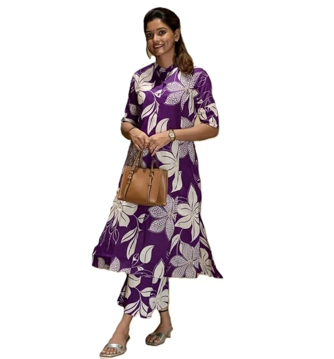 PickCell Premium Pure Cotton Printed Coord Set for Women – Purple Floral Kurta & Pants | Stylish Co-ord Set for Regular Wear, Office, Casual Outings