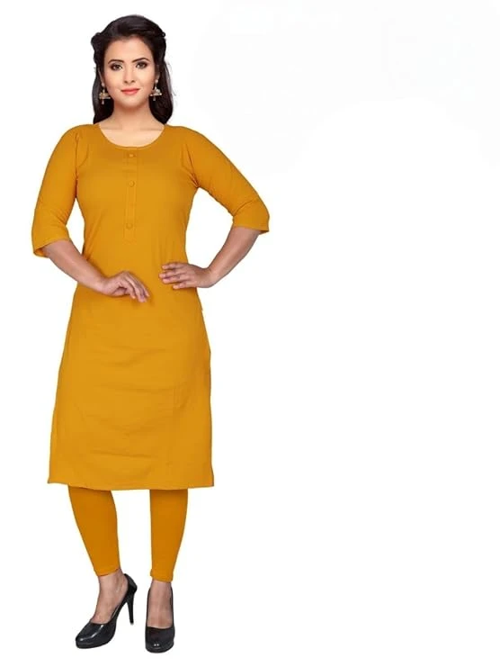 Pick Cell Women’s Mustard Plain Straight Kurti | Soft and Comfortable Cotton Blend Kurta | Stylish Casual and Ethnic Outfit for Office, Festive and Everyday Use