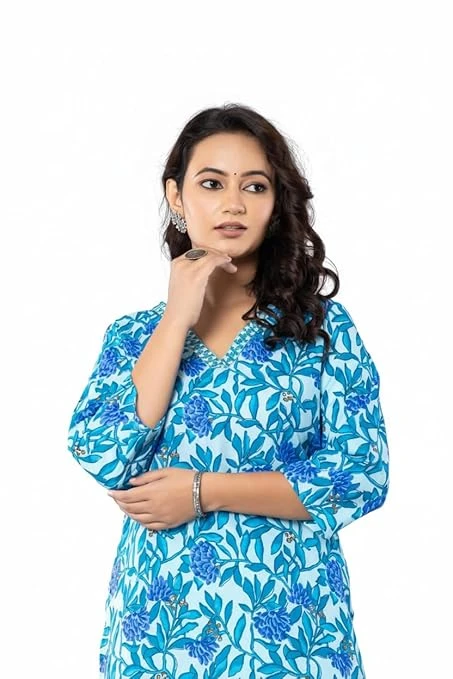 Pick Cell Women’s Blue Printed Long Kurti | Poly Cotton Fabric | Straight Fit Ethnic Wear for Office, Party and Daily Use | Comfortable and Stylish Kurta for Women