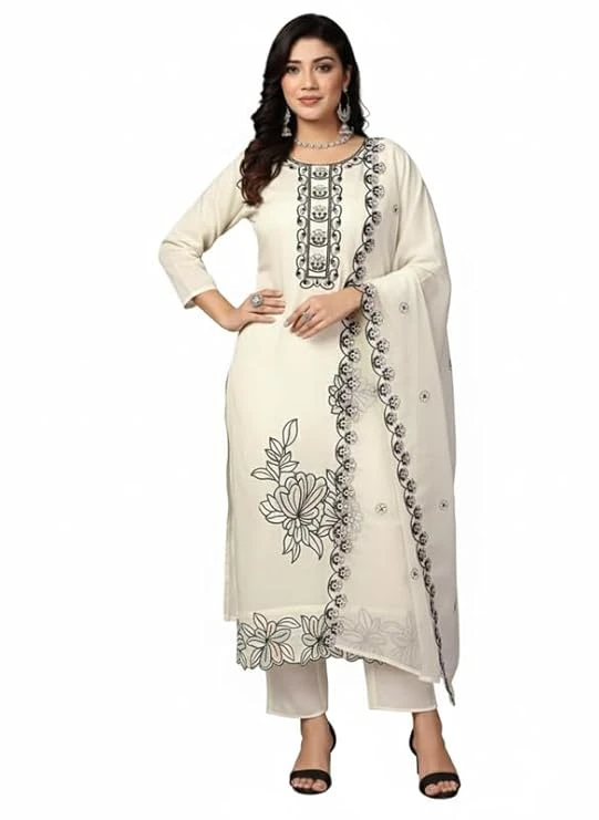 Pick Cell Women’s Roman Silk Embroidery Work Kurti Set | 3-Piece Suit with Dupatta | White Ethnic Wear and Crop-Inspired Straight Fit Kurta, Tailored Pants