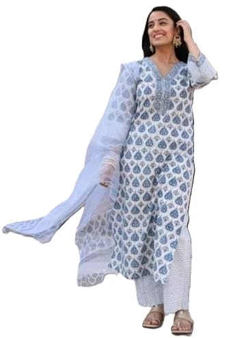 PickCell Women Cotton Printed Kurti Set with Bottom & Dupatta | Ethnic Kurta Set for Women (3 Piece Set)