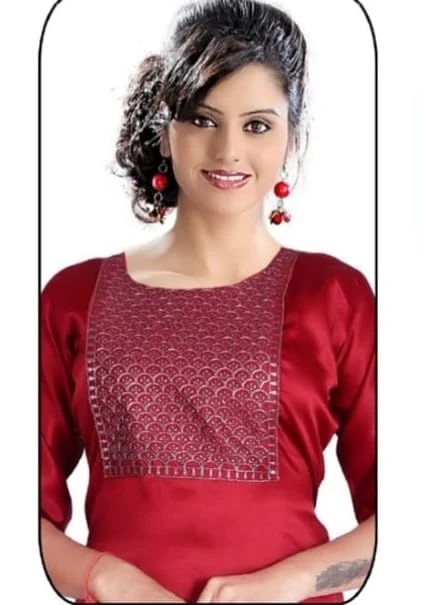 Pick Cell Kia Satin Kurti for Women with Neck Embroidery Work | Elegant Ethnic Top | Soft Lightweight Satin Straight Fit Kurta for Office and Casual Outings