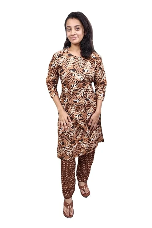 Pick Cell Printed Kurti with Pyjama | Cotton Blend and Regular Fit | Machine Washable,Casual and Festive for Women