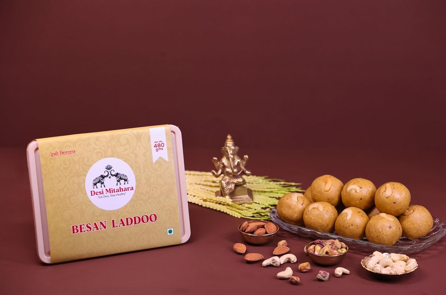 DESI MITAHARA – Besan Ladoo - Made with Besan, Caster Sugar & Cow Ghee - Traditional Indian Sweet - Healthy, Nutritious Snack - 480g Pack - No Artificial Colours - Suitable for All Ages