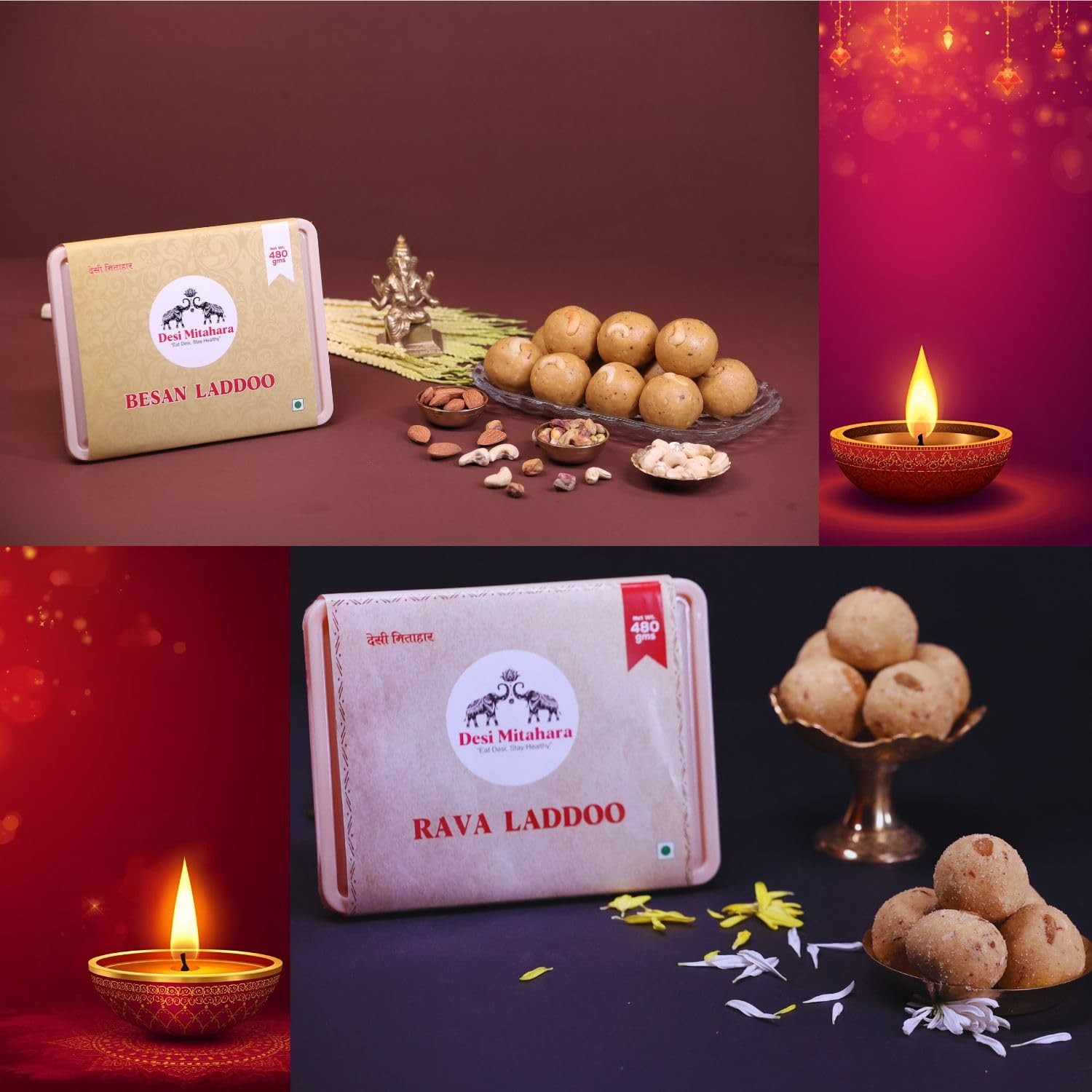 DESI MITAHARA – FESTIVE PACK I BESAN LADDOO & RAVA LADDOO - 960gm (2 Pack of 480gms each) Traditional Indian Sweets - Purely Homemade Ladu - Healthy, Nutritious Snack, No Artificial Colours- Suitable for All Ages