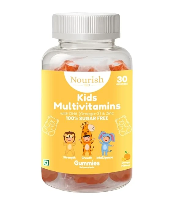 Nourish BIO Multivitamin Gummies with Calcium, Vitamin D3, A, B6, B12, C, E, for growth & development Supports Immunity, Energy, and Bone Health 30 Orange-Flavored For Ages 3+ and Up (Sugar-Free) Pack of 1
