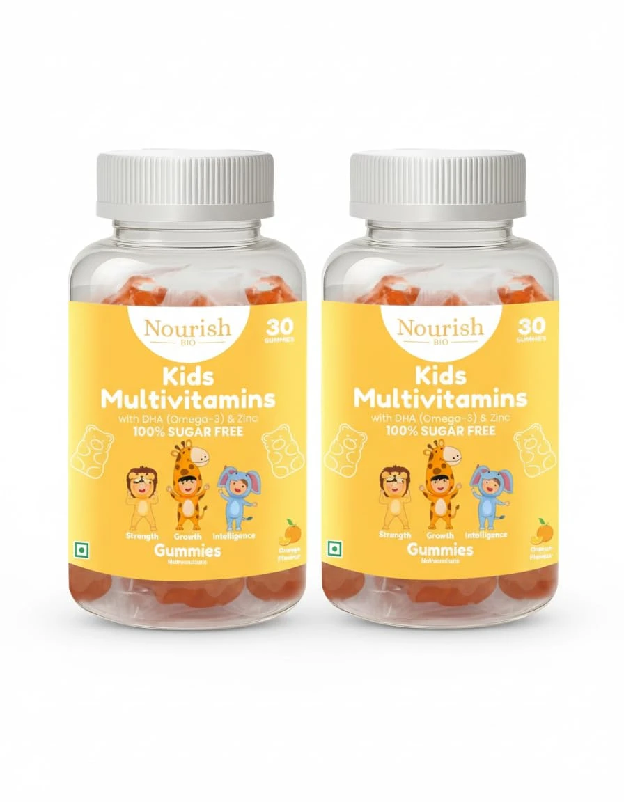 Nourish BIO Multivitamin Gummies with Calcium, Vitamin D3, A, B6, B12, C, E, for growth & development Supports Immunity, Energy, and Bone Health 30 Orange-Flavored For Ages 3+ and Up (Sugar-Free) Pack of 2