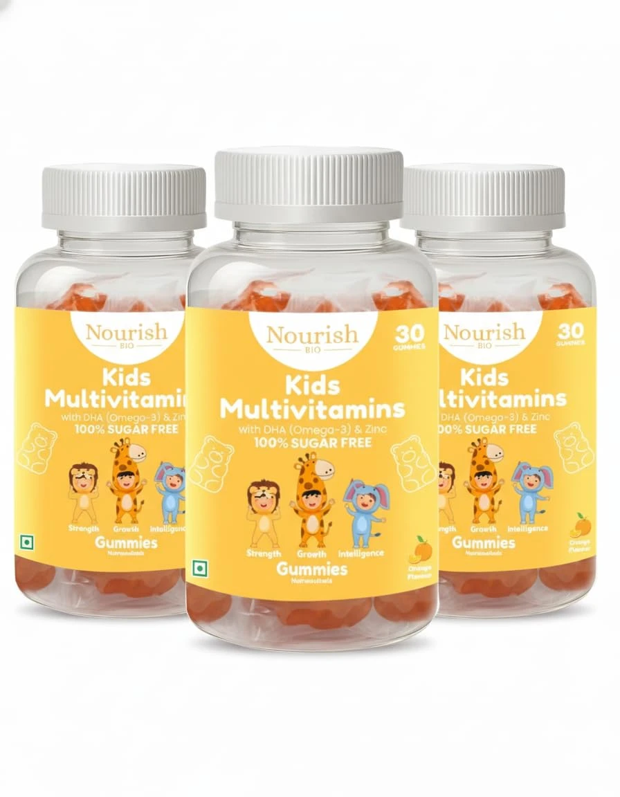 Nourish BIO Multivitamin Gummies with Calcium, Vitamin D3, A, B6, B12, C, E, for growth & development Supports Immunity, Energy, and Bone Health 30 Orange-Flavored For Ages 3+ and Up (Sugar-Free) Pack of 3