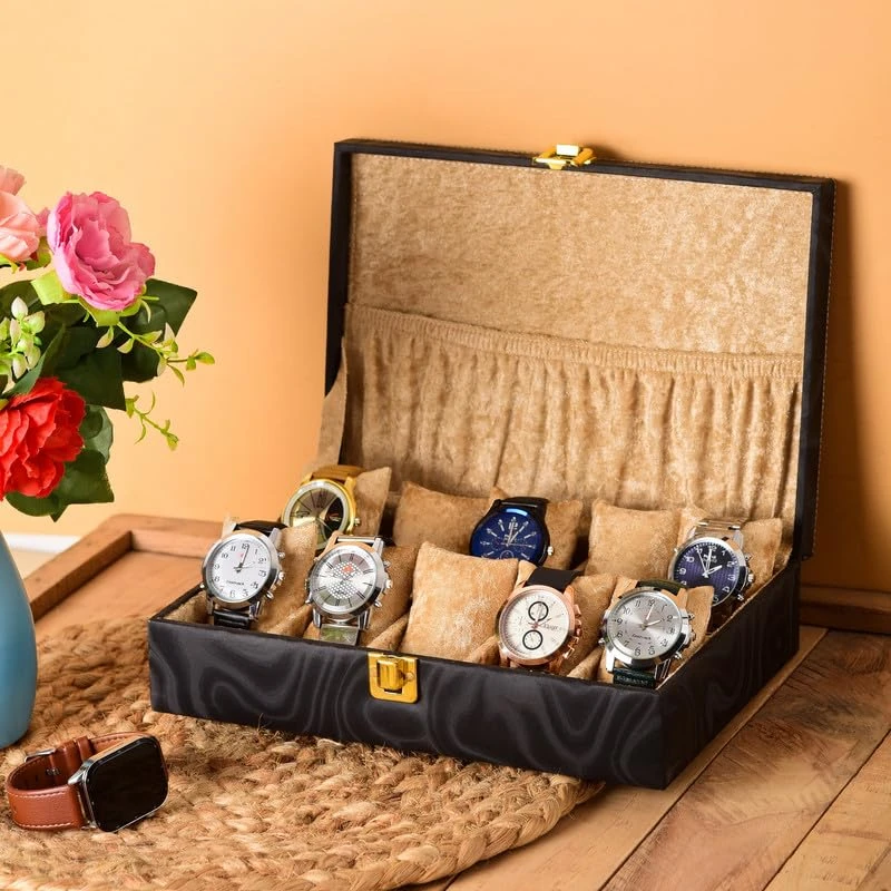 Watch Box Organizer for Men & Women Gift Box – Durable Leatherette with Soft Velvet Pillows (Black::Beige, 10 Slots)