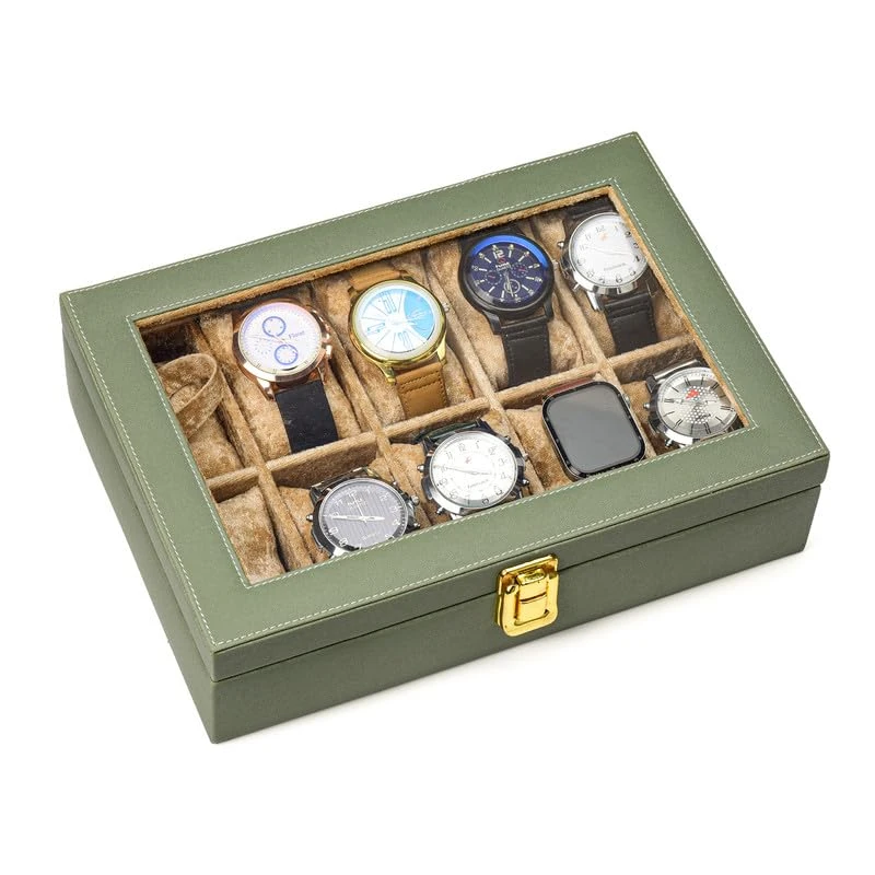 Watch Box Organizer for Men & Women Gift Box – Durable Leatherette with Soft Velvet Pillows (Green::Beige, 10 Slots)