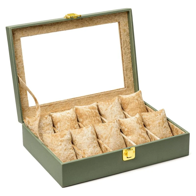 Watch Box Organizer for Men & Women Gift Box – Durable Leatherette with Soft Velvet Pillows (Green::Beige, 10 Slots)