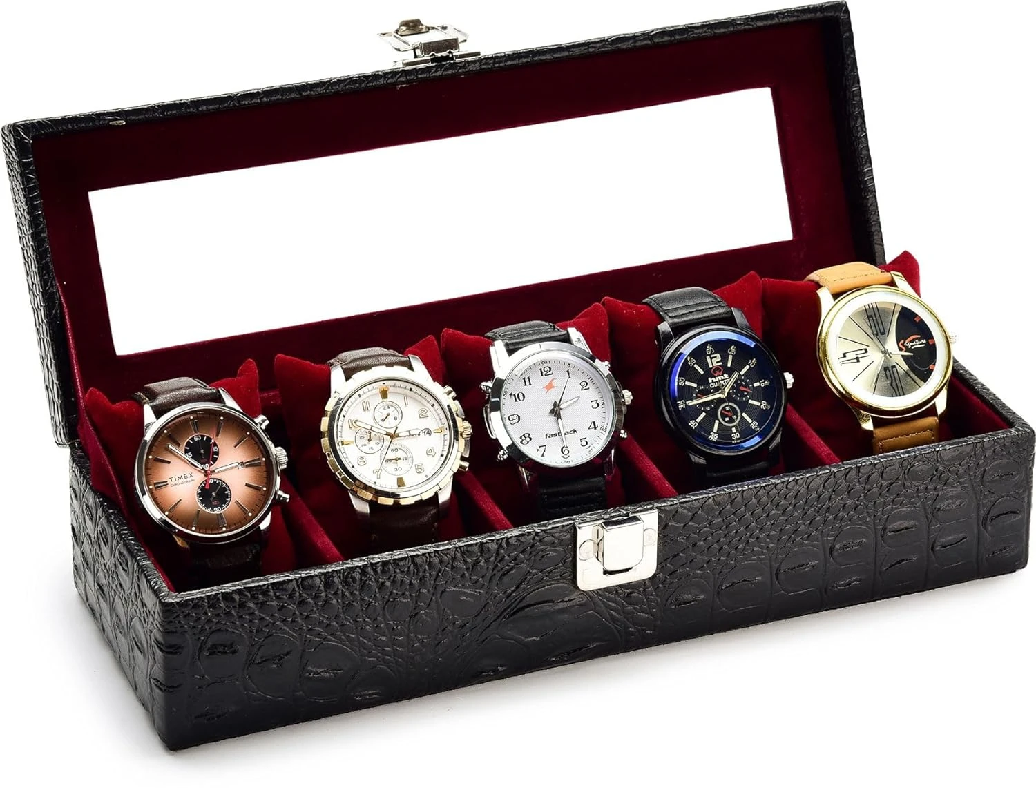Watch Box Organizer for Men & Women Gift Box – Durable Leatherette with Soft Velvet Pillows (Black::Maroon2, 5 Slots)