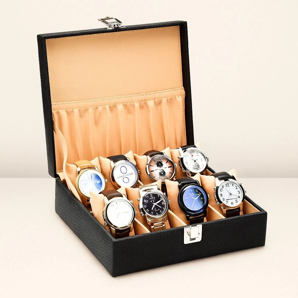 Click to see full view  8 Slots Black Unisex Watch Box Organiser Watch Box (Black, Holds 8 Watches) (Black::Black)