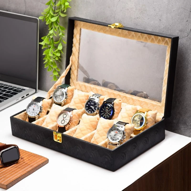 12-Slot Watch Box Organizer for Men & Women Gift Box – Durable Leatherette with Soft Pillows (Black::Beige)