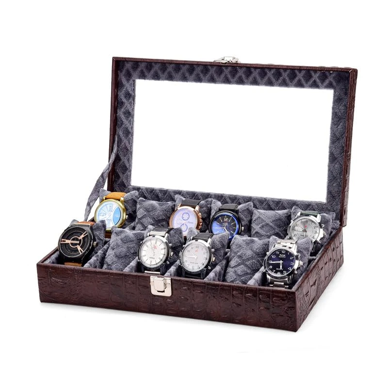 LAAM ALIF 12-Slot Watch Box Organizer for Men & Women Gift Box – Durable Leatherette with Soft Pillows (Brown Grey)