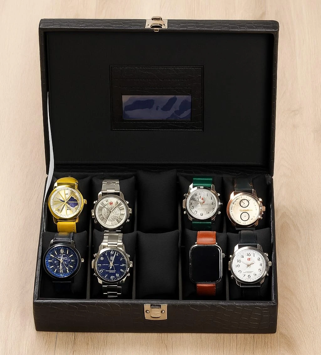 Stylish 10-Slot Watch Box Organizer for Men & Women Gift Box – Durable Black Croco Leatherette with Soft Pillows (Black::Black)