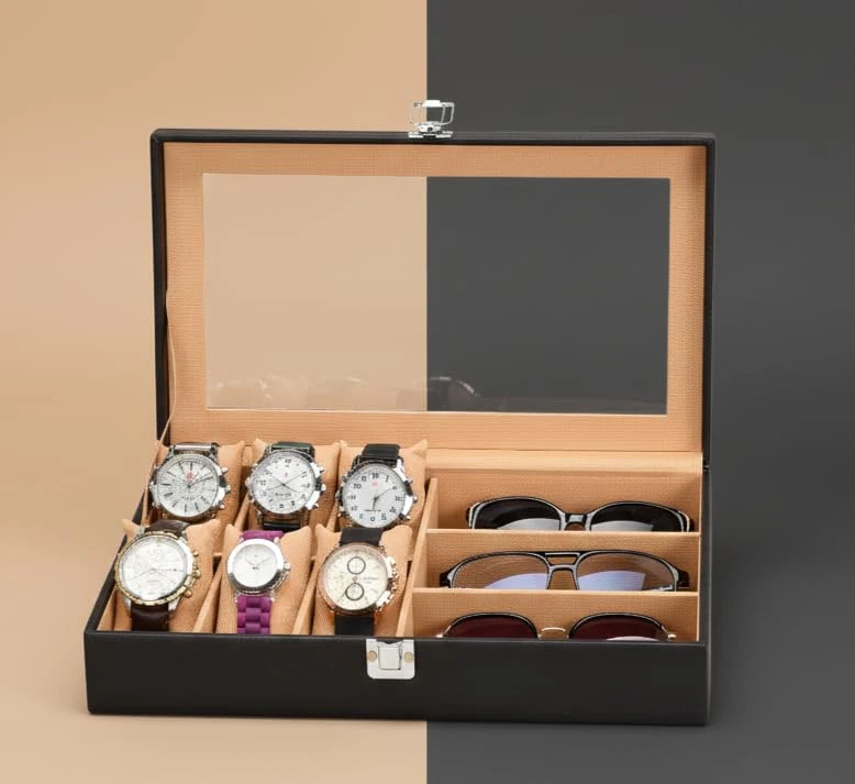 Men's and Women's Leatherette Watch organizer holder Case for 6 Slots for Watches and 3 Slots for Sunglassesin Black Color (Black::Beige)
