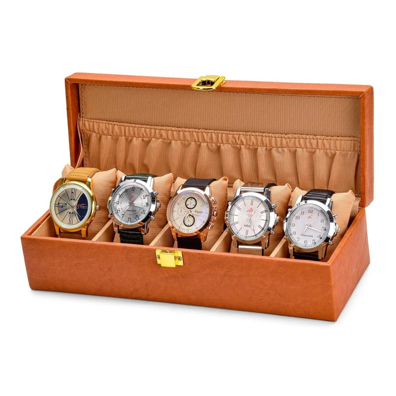5 Slots Orange Unisex Watch Box Organiser Watch Box (Tan, Holds 5 Watches) (Tan::Beige)