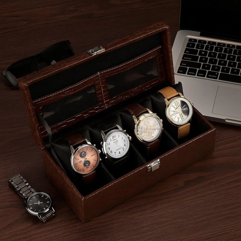 4 Slots Brown Unisex Watch Box Organiser Watch Box (Brown&Black, Holds 4 Watches)