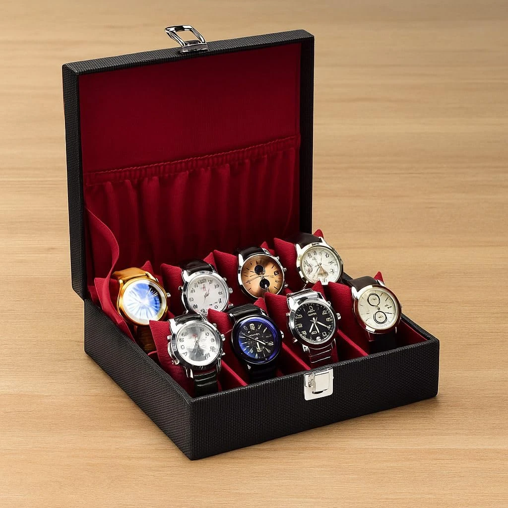 8 Slots Black Unisex Watch Box Organiser Watch Box (Holds 8 Watches) (Black&Maroon)