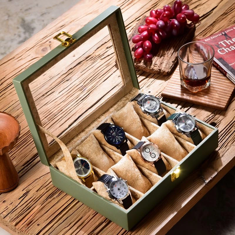 10 Slots Green Unisex Watch Box Organiser Watch Box (Green, Holds 10 Watches) (Green::Beige)