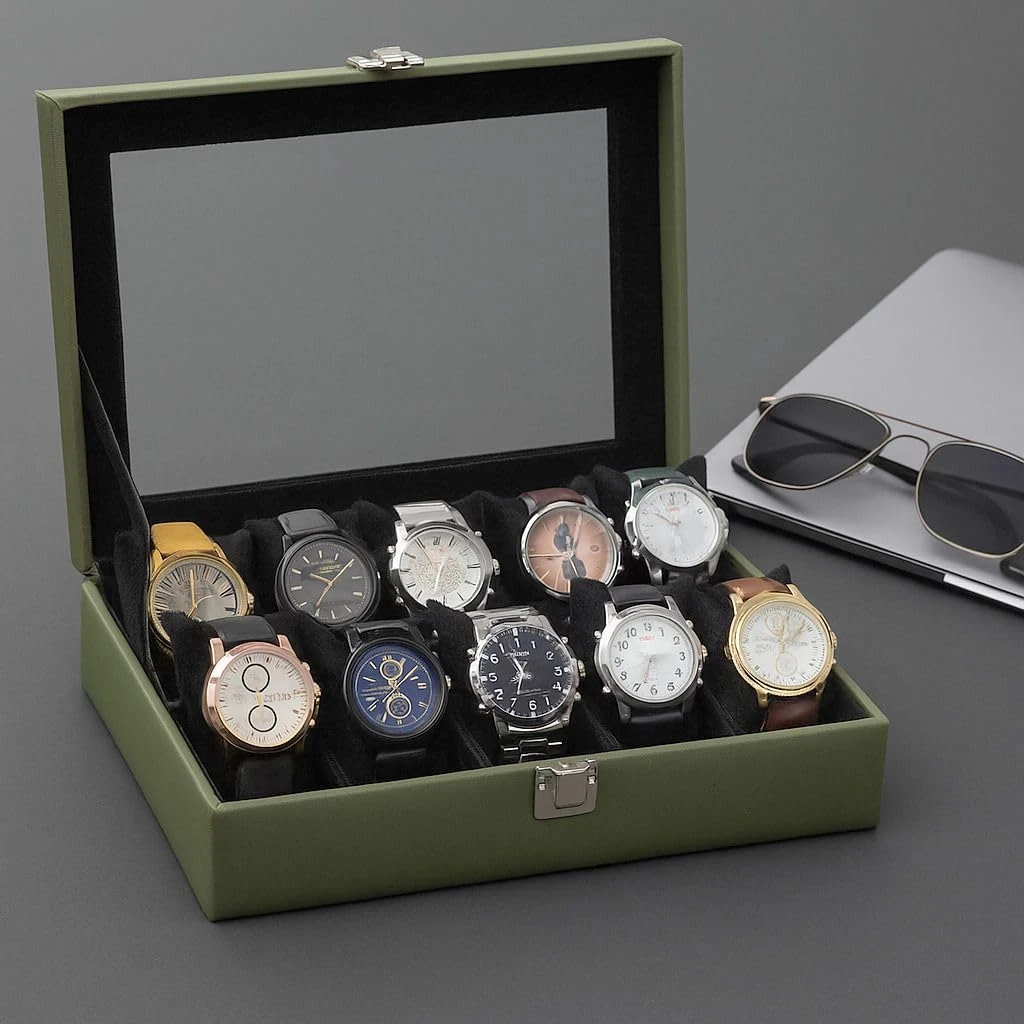 10 Slots Green Unisex Watch Box Organiser Watch Box (Green&Black, Holds 10 Watches)