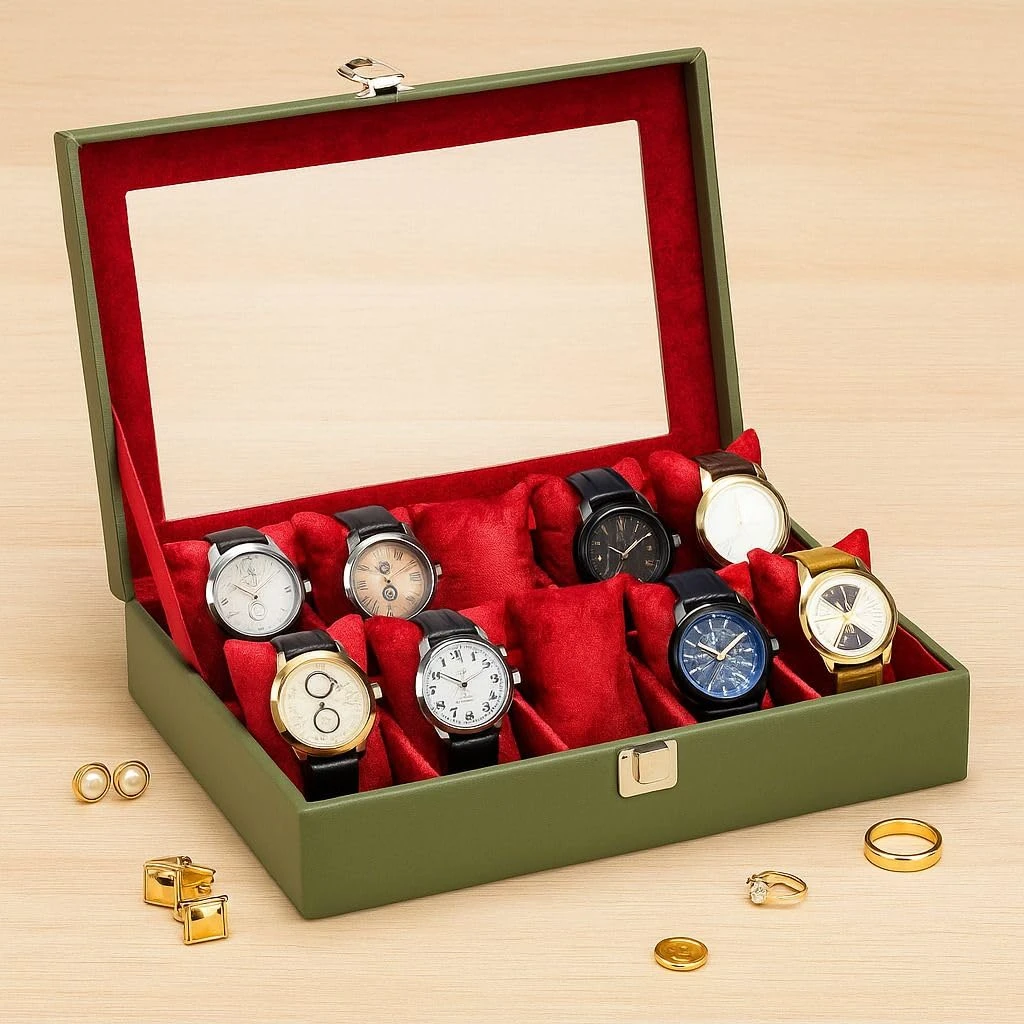 10 Slots Green Unisex Watch Box Organiser Watch Box (Green, Holds 10 Watches) (Green::Maroon)