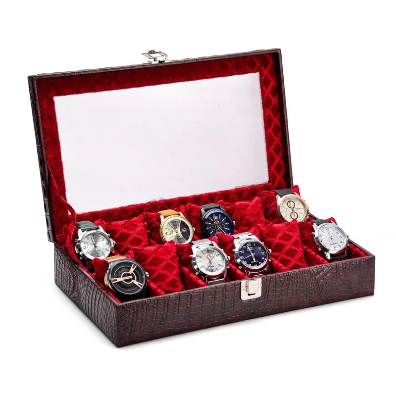 LAAM ALIF 12-Slot Watch Box Organizer for Men & Women Gift Box – Durable Leatherette with Soft Pillows (Brown::Maroon)