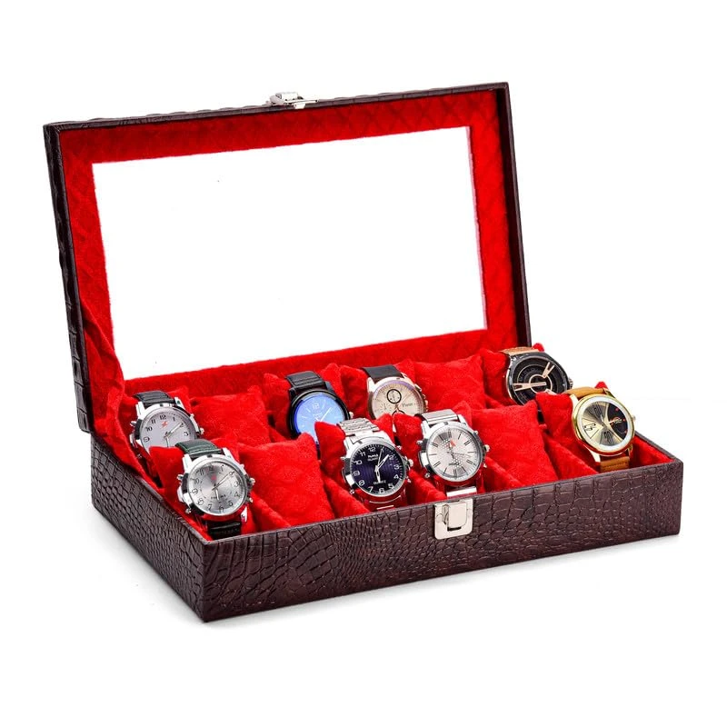LAAM ALIF 12-Slot Watch Box Organizer for Men & Women Gift Box – Durable Leatherette with Soft Pillows (Brown::Red)