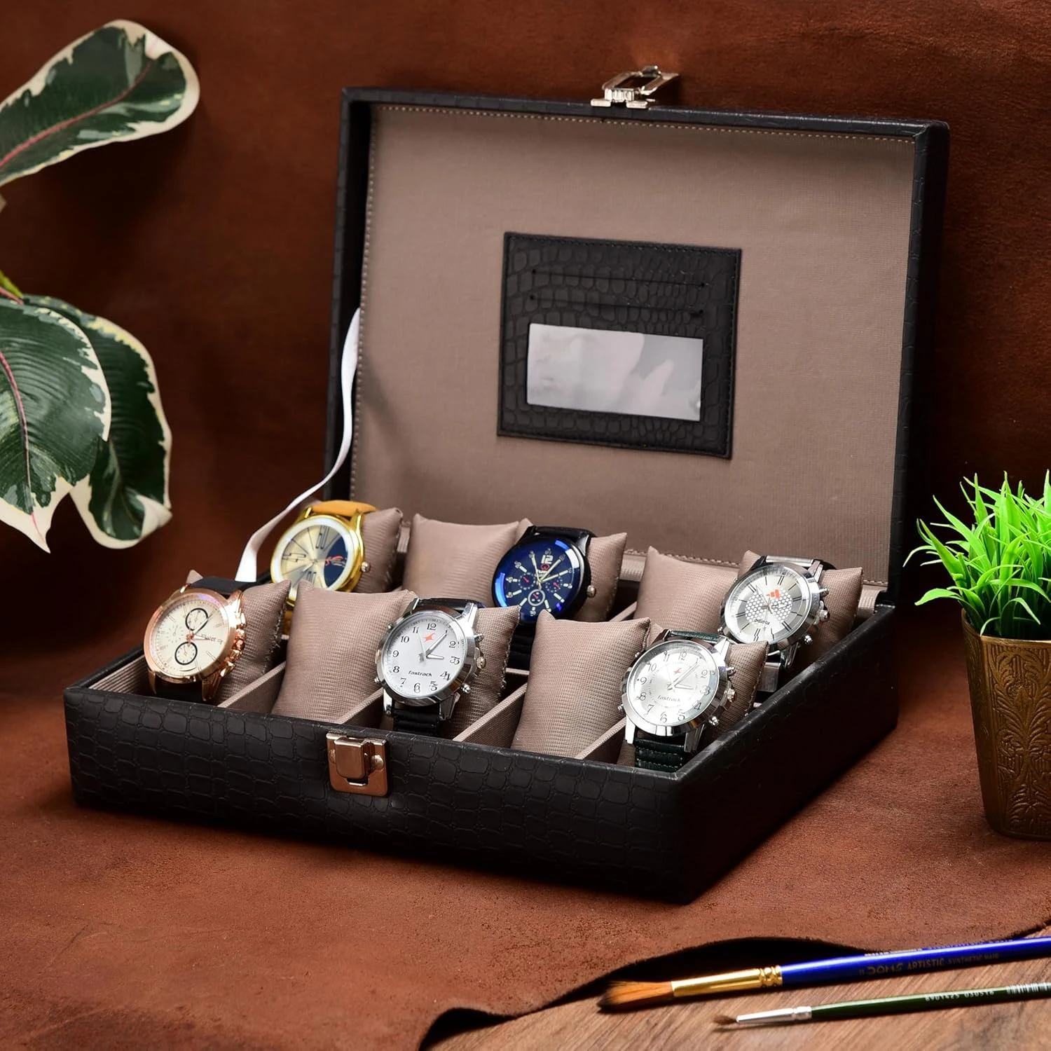 Stylish 10-Slot Watch Box Organizer for Men & Women Gift Box – Durable Black Croco Leatherette with Soft Pillows (Black::Brown)