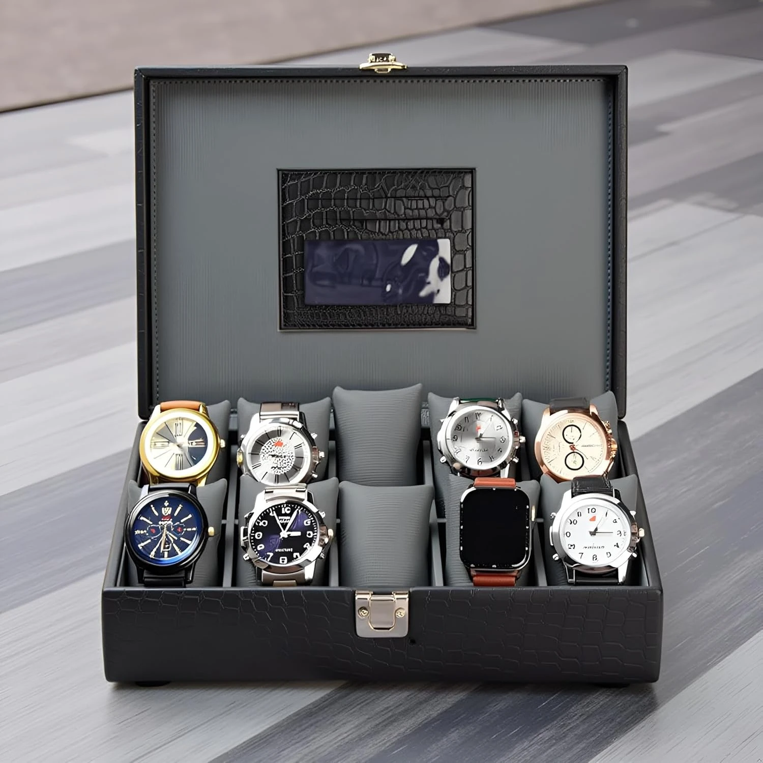 Stylish 10-Slot Watch Box Organizer for Men & Women Gift Box – Durable Black Croco Leatherette with Soft Pillows (Black::Grey)