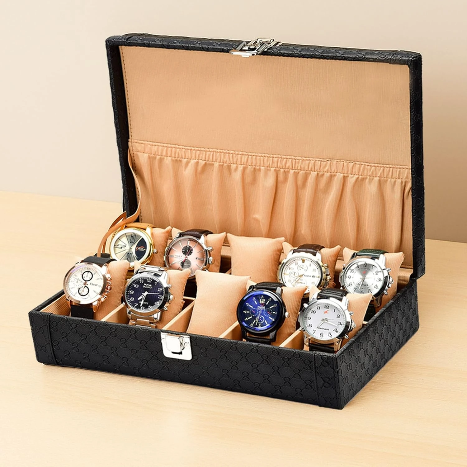 10 Slots Black Unisex Watch Box Organiser Watch Box (Black&Beige, Holds 10 Watches)