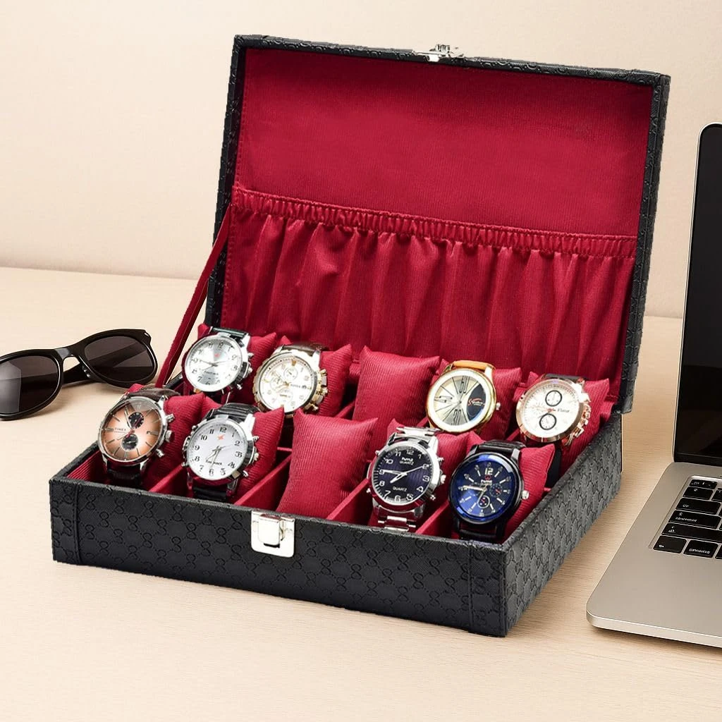 LAAM ALIF 10 Slots Black Unisex Leatherette Watch Box Organiser Watch Box (Black, Holds 10 Watches) (Black::Maroon)
