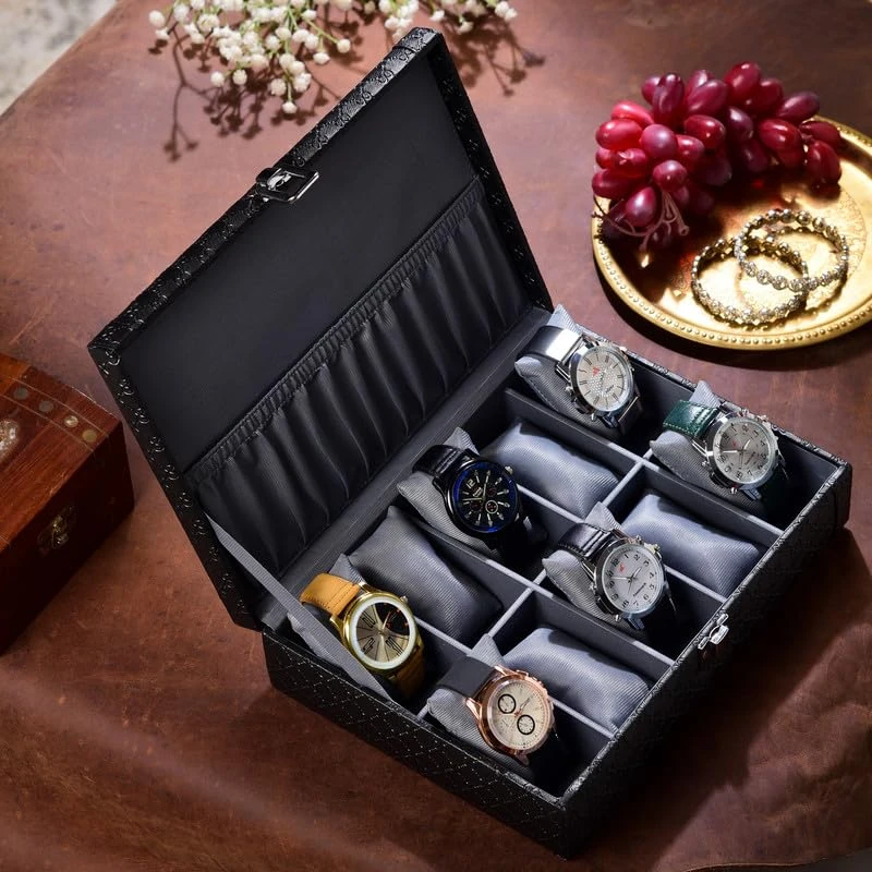 10 Slots Black Unisex Leatherette Watch Box Organiser Watch Box (Black, Holds 10 Watches) (Black::Grey)