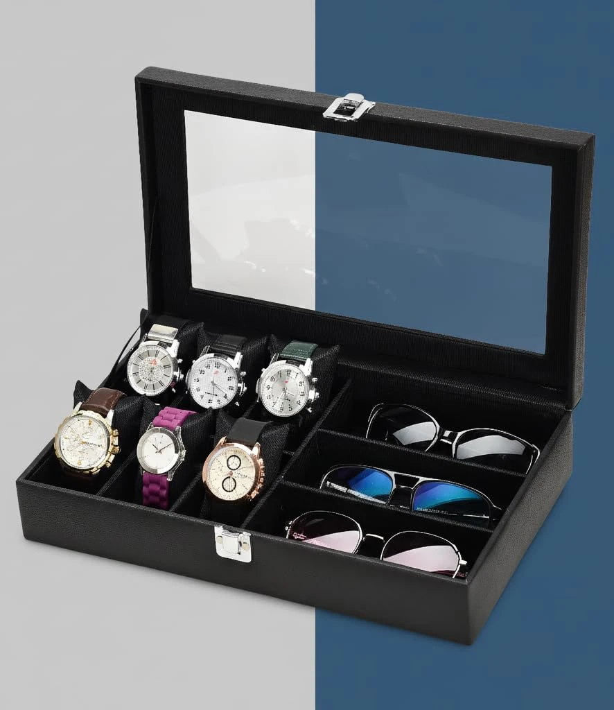 Men's and Women's Leatherette Watch organizer holder Case for 6 Slots for Watches and 3 Slots for Sunglassesin Black Color (Black::Black)