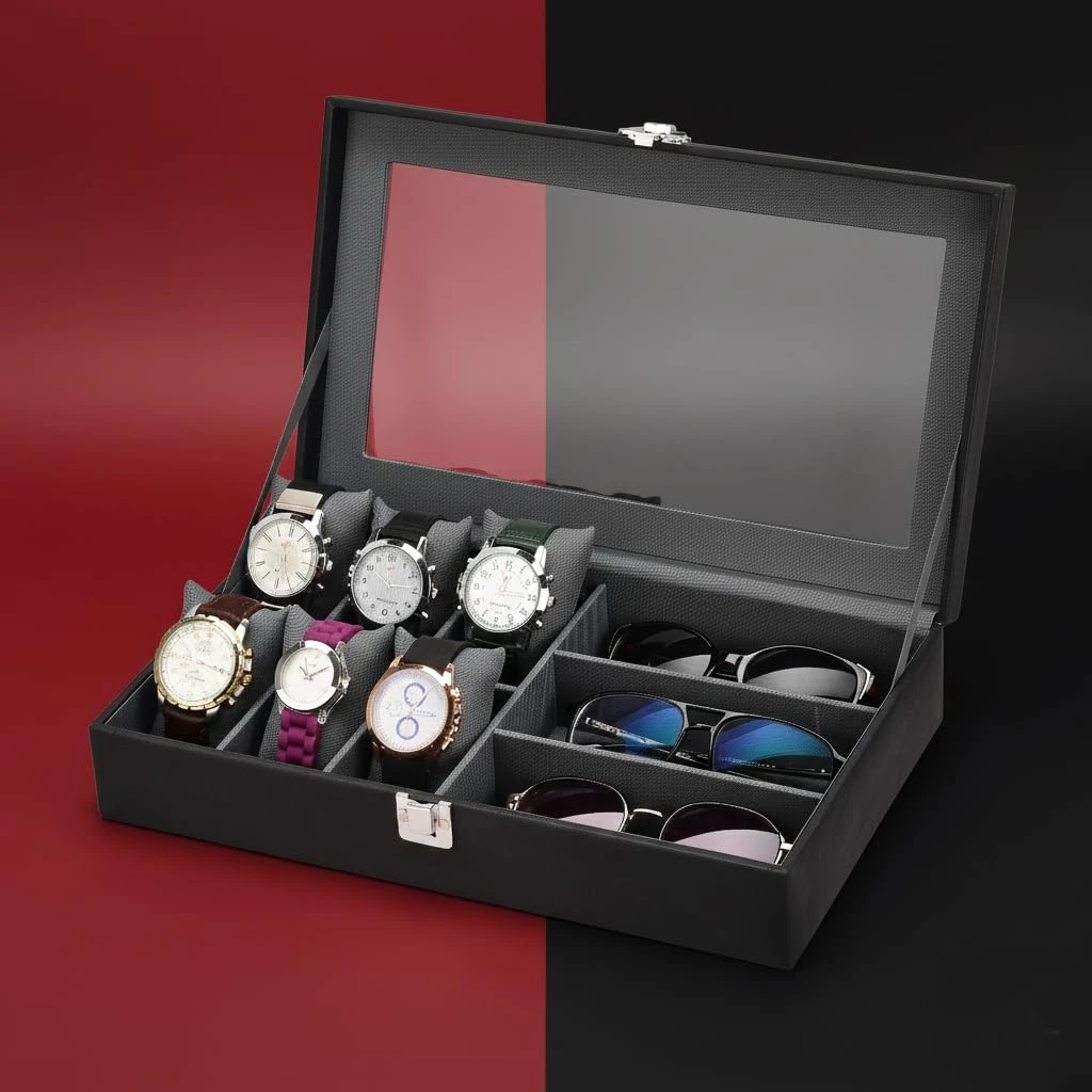 Men's and Women's Leatherette Watch organizer holder Case for 6 Slots for Watches and 3 Slots for Sunglassesin Black Color (Black::Grey)