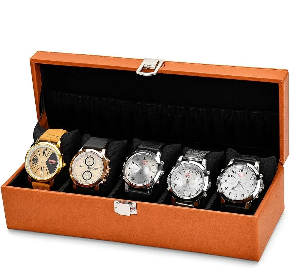 5 Slots Orange Unisex Watch Box Organiser Watch Box (Tan, Holds 5 Watches) (Tan::Black)