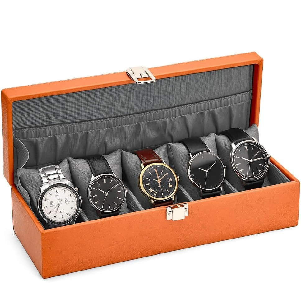5 Slots Orange Unisex Watch Box Organiser Watch Box (Tan, Holds 5 Watches) (Tan&Grey)
