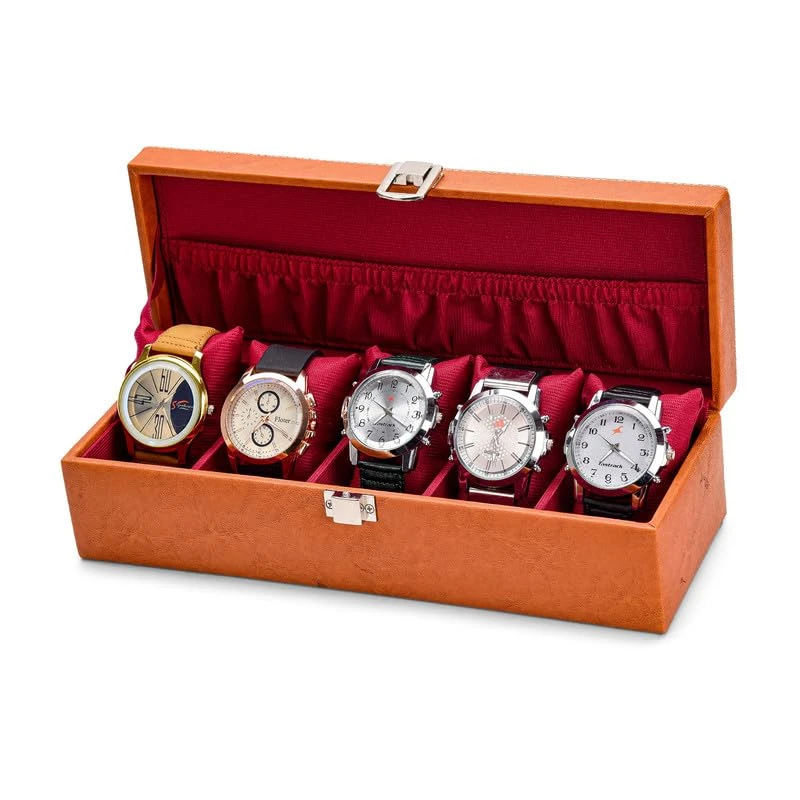 5 Slots Orange Unisex Watch Box Organiser Watch Box (Tan, Holds 5 Watches) (Tan::Maroon)