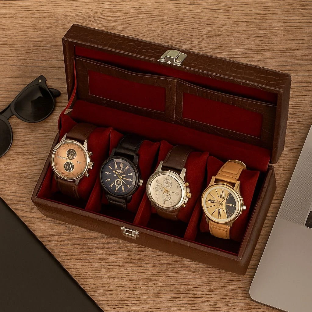 4 Slots Brown Unisex Watch Box Organiser Watch Box (Brown::Maroon, Holds 4 Watches)