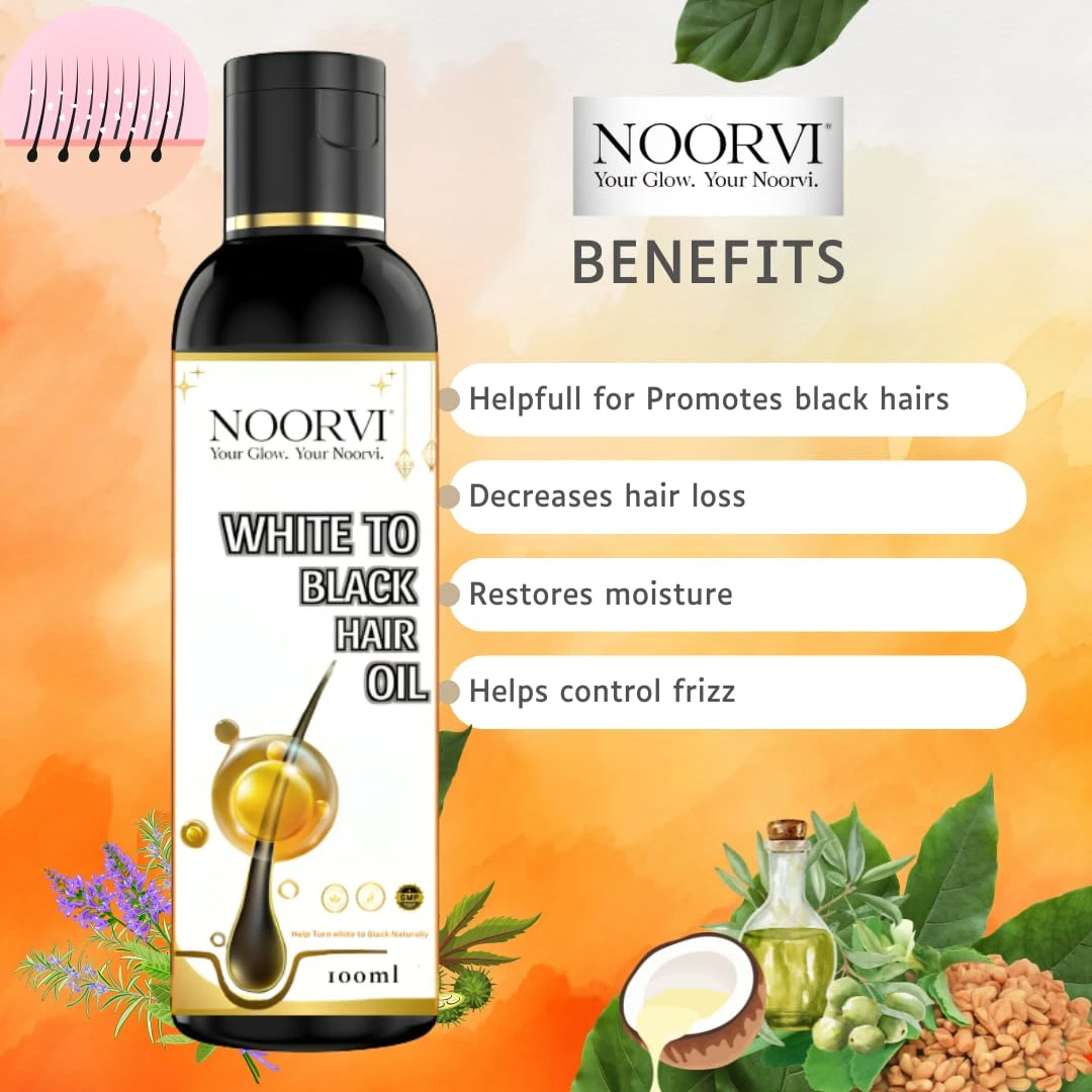 NOORVI White to Black Hair Oil, Natural Ayurvedic Formula with Bhringraj, Methi, Olive, Coconut, Castor, Rosemary and Jojoba Oils, 100ml.