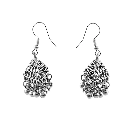 Oxidised Polished Pyramid Jhumka Earrings for Women & Girls | Traditional Ethnic Antique Finish Dangler Earrings | For Festive and Fashion Attire