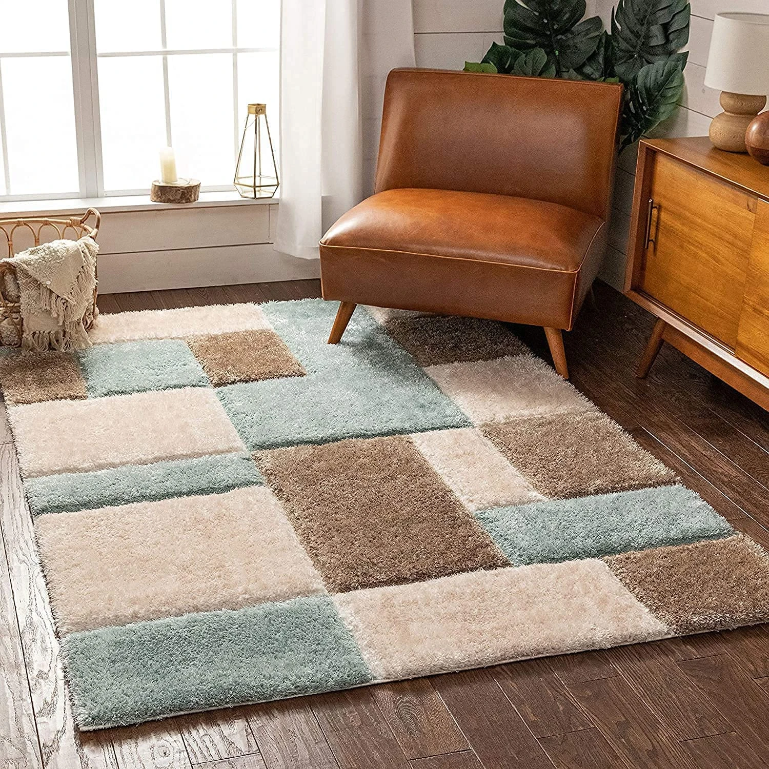 RH Enterprises Modern Geometric 3D Textured Thick and Soft Shaggy Fur Rectangular Rug & Carpet (Light Brown/Ivory/Multi, 5' x 7' (Rectangular))