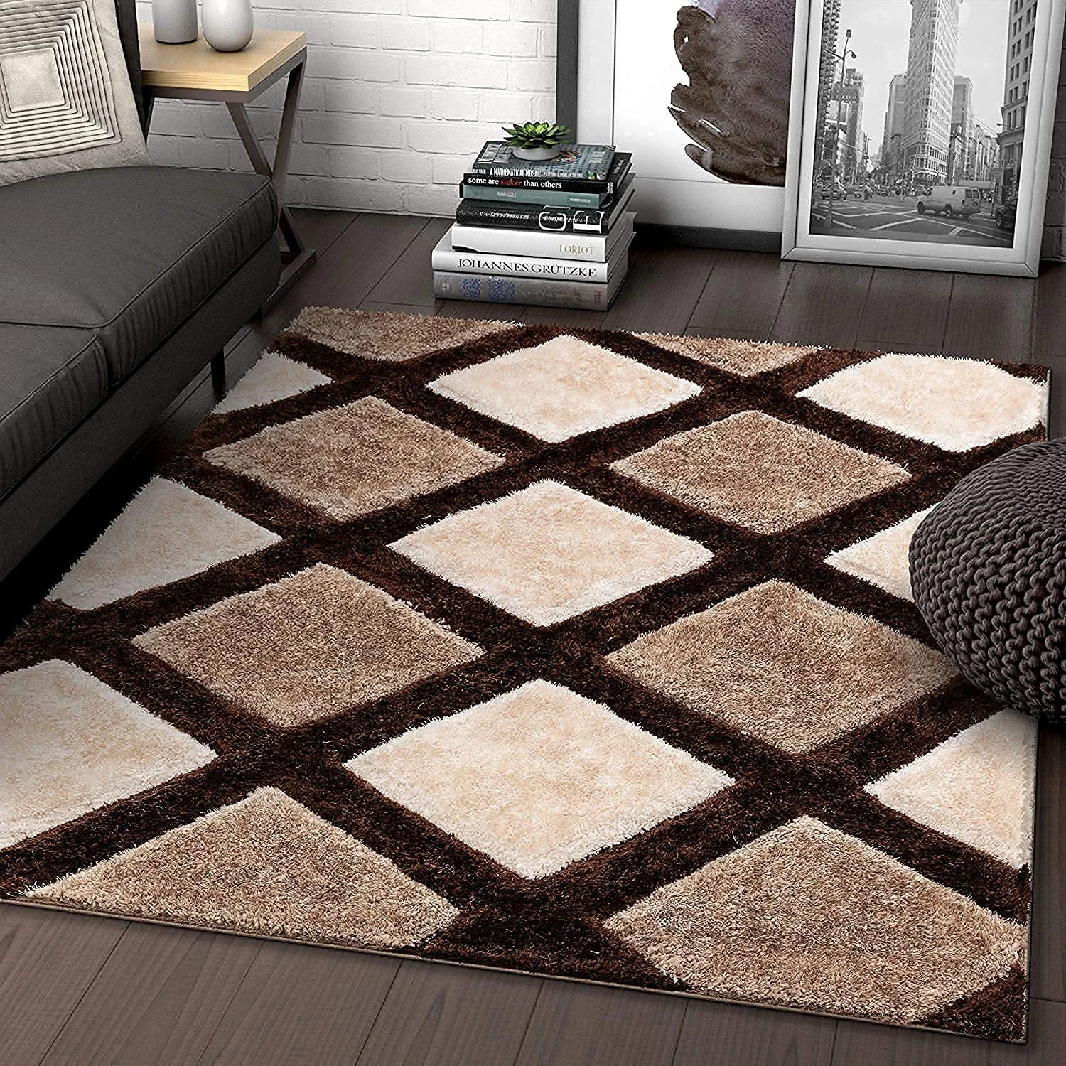 RH Enterprises Modern Geometric 3D Textured Thick and Soft Shaggy Fur Rectangular Rug & Carpet (Brown/Beige/Cream, 3' x 5' (Rectangular))