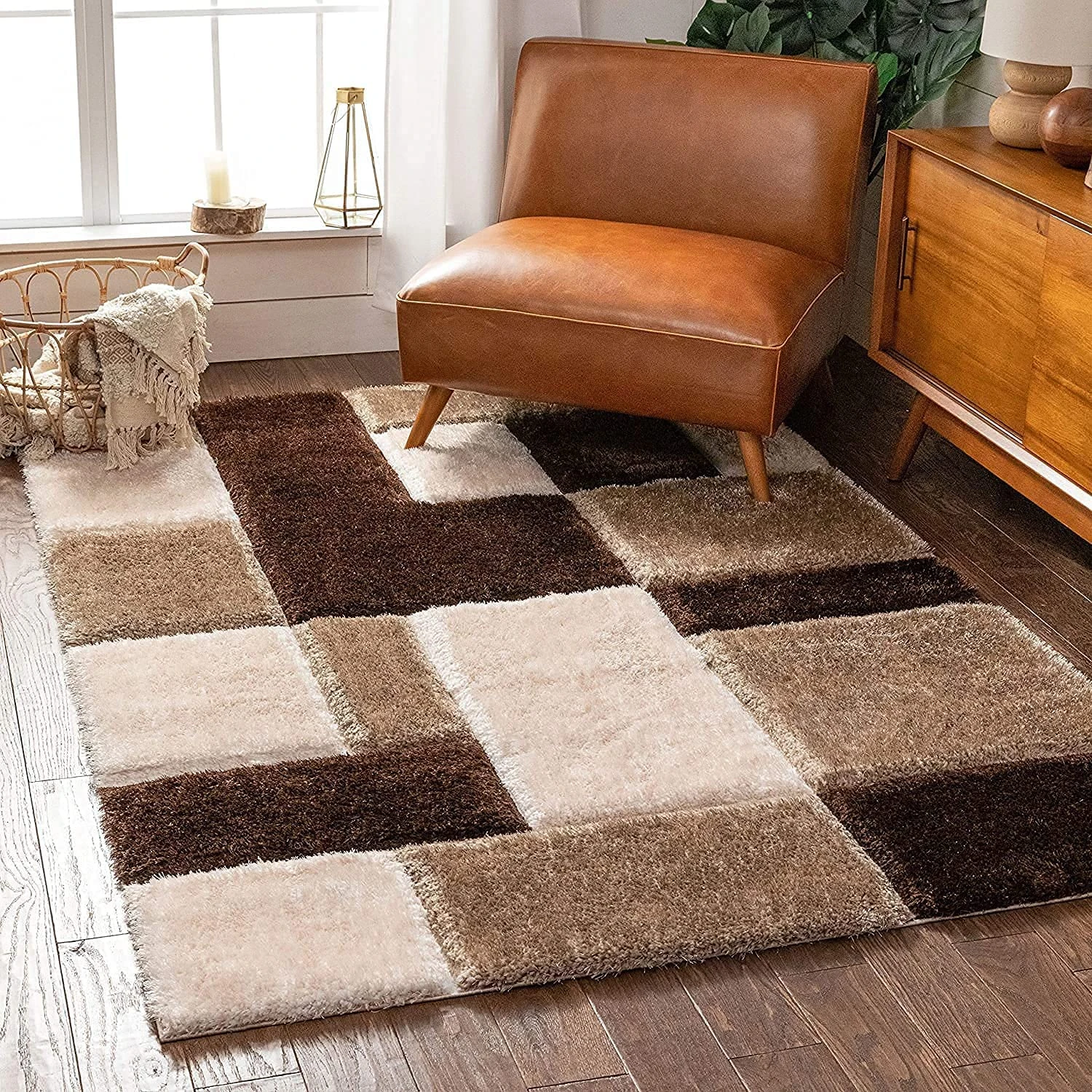 RH Enterprises Modern Geometric 3D Textured Thick and Soft Shaggy Fur Rectangular Rug & Carpet  (Light Brown/Ivory/Multi, 3' x 5' (Rectangular))