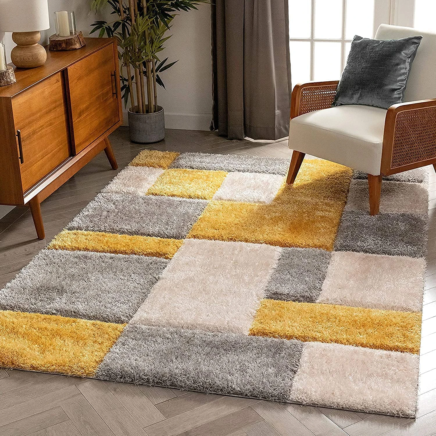 RH Enterprises Modern Geometric 3D Textured Thick and Soft Shaggy Fur Rectangular Rug & Carpet (Ivory/Beige/Yellow, 3' x 5' (Rectangular))